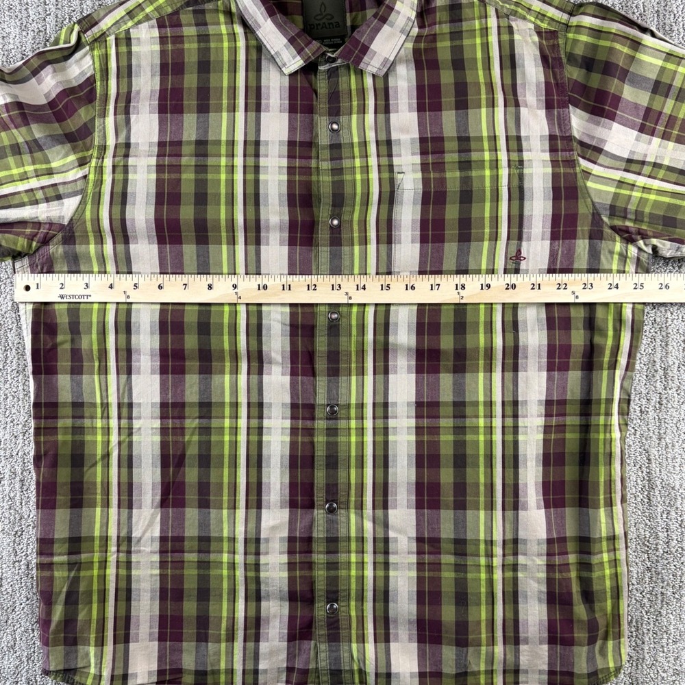 Prana Men's XL Plaid Pearl Snap Shirt Green Burgundy Beige Long Sleeve‎ Outdoor - Picture 8 of 12